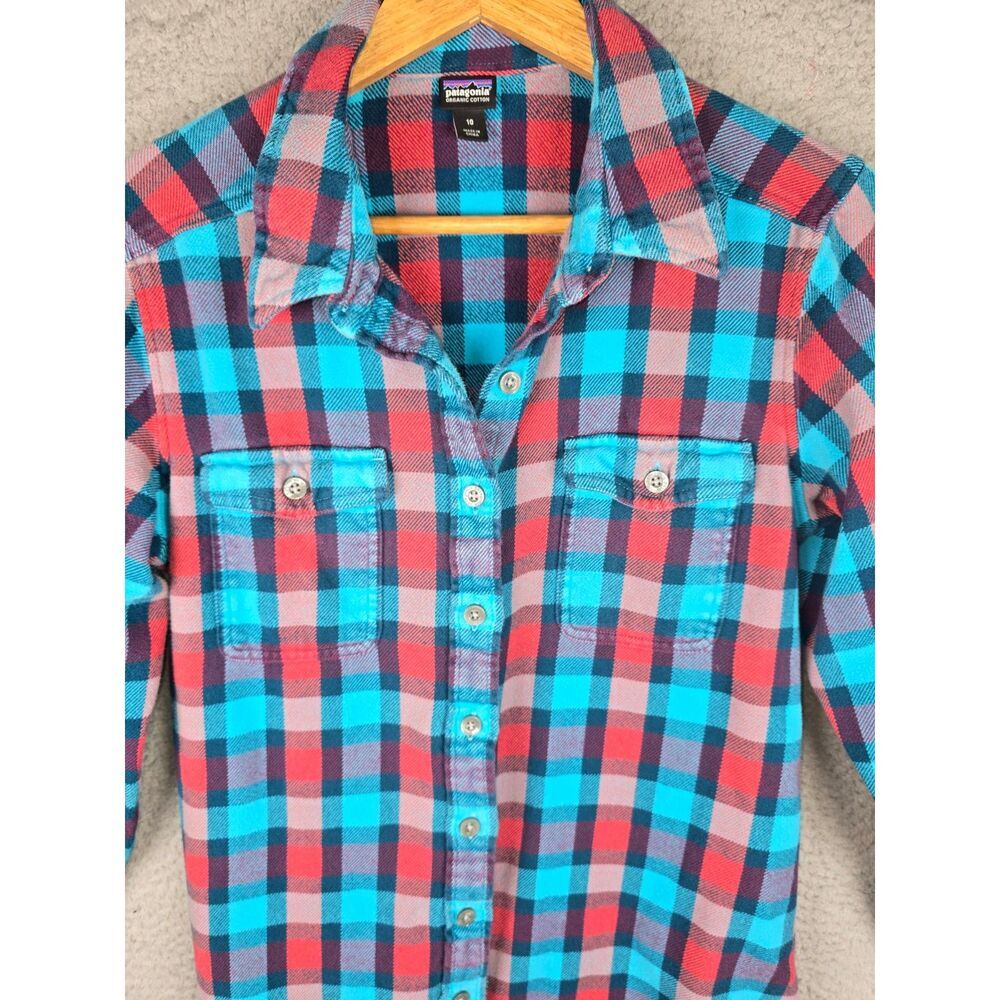 Patagonia Flannel Shirt Blue Red Plaid Size 10 Organic Cotton Outdoor Button Up - Picture 3 of 12